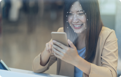 Smiling woman using object detection ai solutions on her device